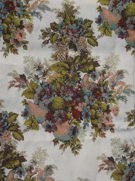 catalog photo of vintage rayon taffeta fabric, large birds fruit flowers print on white