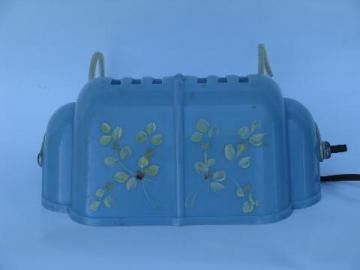 catalog photo of vintage reading light, pale blue plastic bed headboard lamp w/ flowers