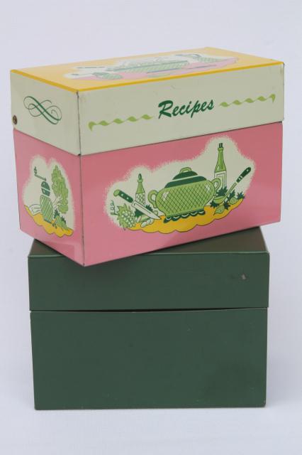 photo of vintage recipe boxes, pink kitchen print metal card file box for recipes cards #1