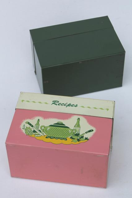 photo of vintage recipe boxes, pink kitchen print metal card file box for recipes cards #2