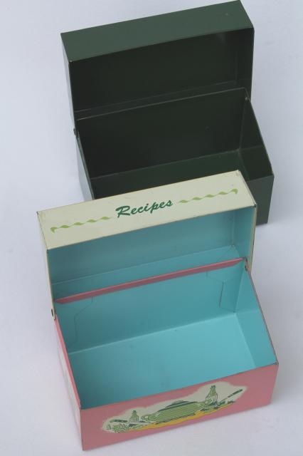 photo of vintage recipe boxes, pink kitchen print metal card file box for recipes cards #3