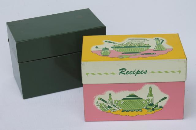 photo of vintage recipe boxes, pink kitchen print metal card file box for recipes cards #5