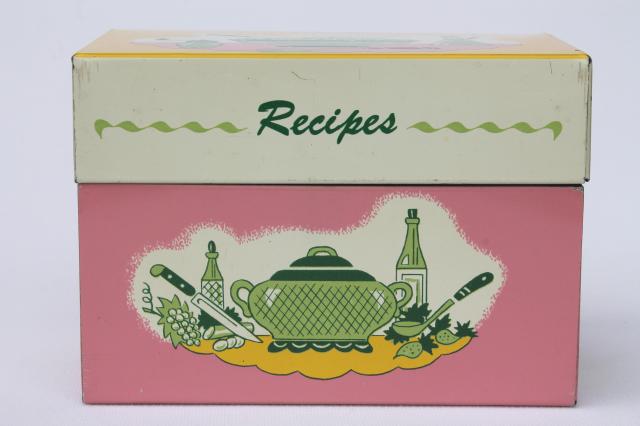 photo of vintage recipe boxes, pink kitchen print metal card file box for recipes cards #6