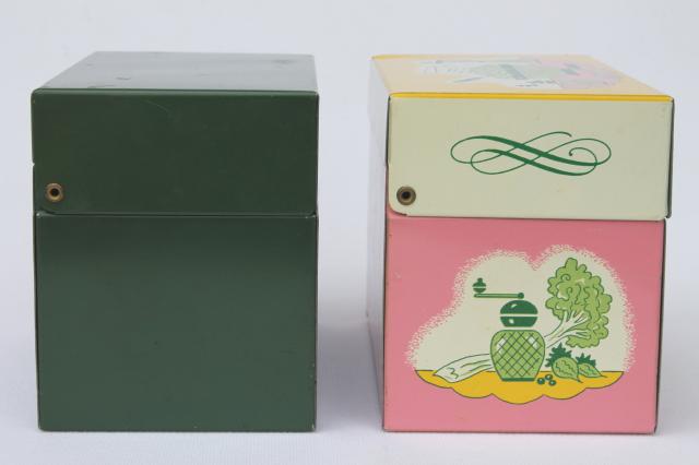 photo of vintage recipe boxes, pink kitchen print metal card file box for recipes cards #8