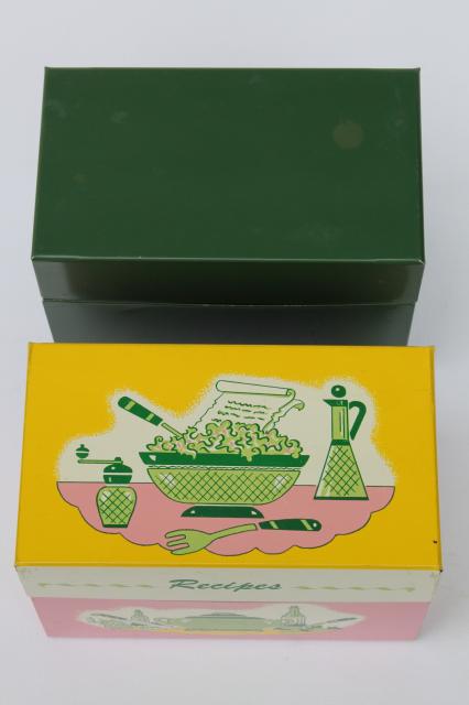 photo of vintage recipe boxes, pink kitchen print metal card file box for recipes cards #12