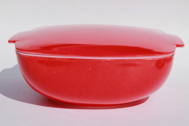 photo of vintage red Pyrex hostess covered casserole square dish w/ lid, potluck salad bowl #1