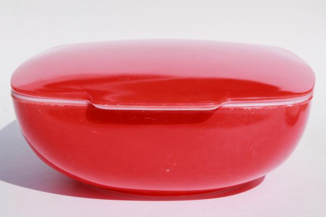 photo of vintage red Pyrex hostess covered casserole square dish w/ lid, potluck salad bowl #2