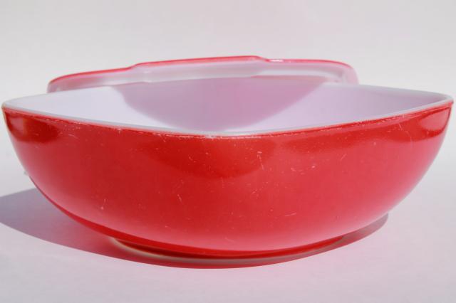 photo of vintage red Pyrex hostess covered casserole square dish w/ lid, potluck salad bowl #3