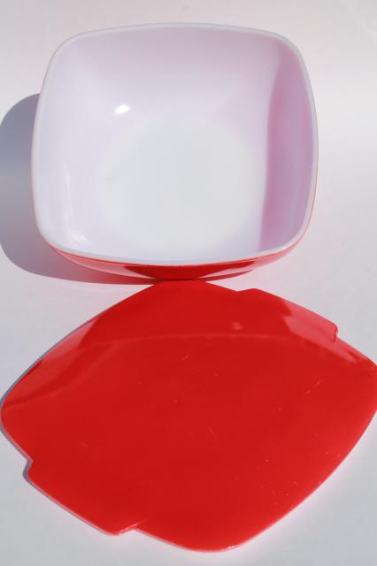 photo of vintage red Pyrex hostess covered casserole square dish w/ lid, potluck salad bowl #5