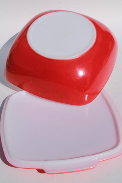 photo of vintage red Pyrex hostess covered casserole square dish w/ lid, potluck salad bowl #6