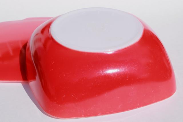 photo of vintage red Pyrex hostess covered casserole square dish w/ lid, potluck salad bowl #8