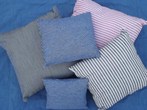 photo of vintage red and indigo blue ticking and railroad hickory stripe pillow lot #1