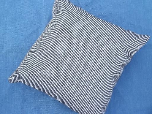 photo of vintage red and indigo blue ticking and railroad hickory stripe pillow lot #2