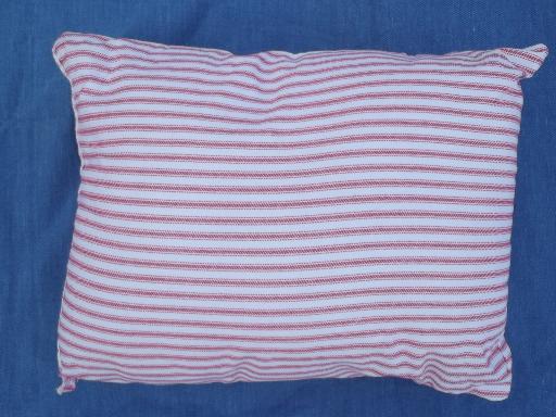 photo of vintage red and indigo blue ticking and railroad hickory stripe pillow lot #8