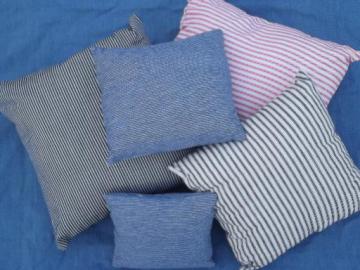 catalog photo of vintage red and indigo blue ticking and railroad hickory stripe pillow lot