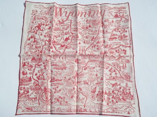 photo of vintage red and white Wyoming map print hanky, souvenir handkerchief #1