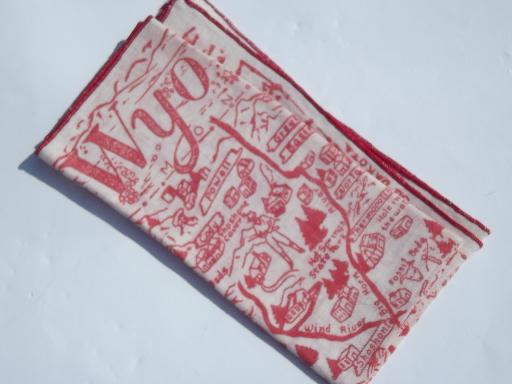 photo of vintage red and white Wyoming map print hanky, souvenir handkerchief #2