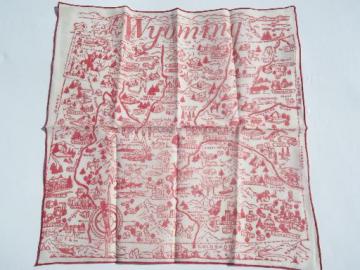 catalog photo of vintage red and white Wyoming map print hanky, souvenir handkerchief