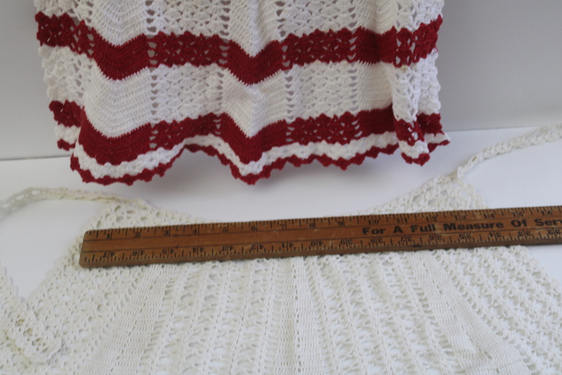 photo of vintage red & white cotton crochet aprons, cute retro kitchen decor or holiday decorations  #2