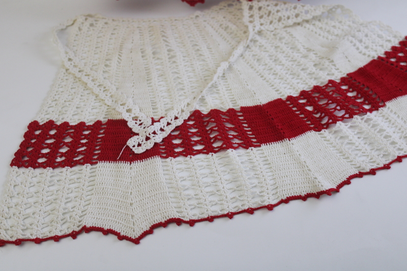 photo of vintage red & white cotton crochet aprons, cute retro kitchen decor or holiday decorations  #4
