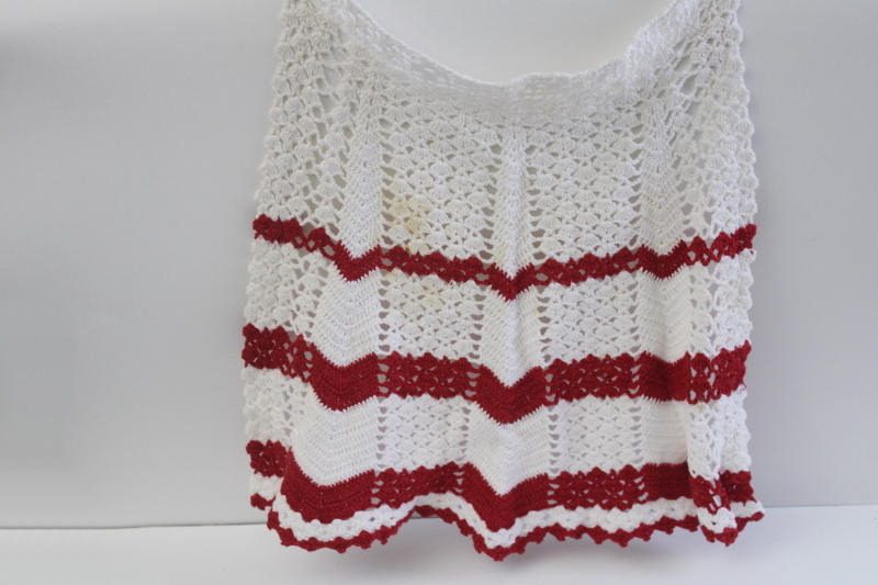 photo of vintage red & white cotton crochet aprons, cute retro kitchen decor or holiday decorations  #5