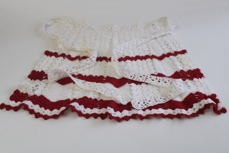 photo of vintage red & white cotton crochet aprons, cute retro kitchen decor or holiday decorations  #9