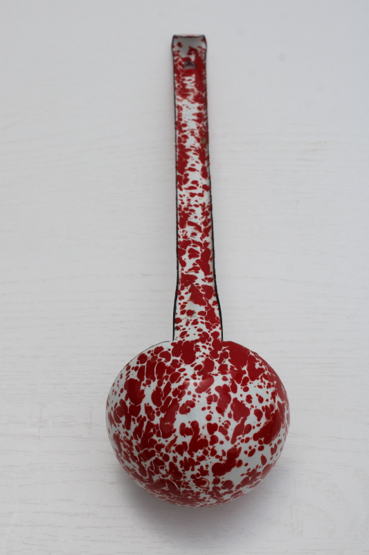 photo of vintage red & white splatterware enamel soup ladle or dipper, new old stock never used  #2