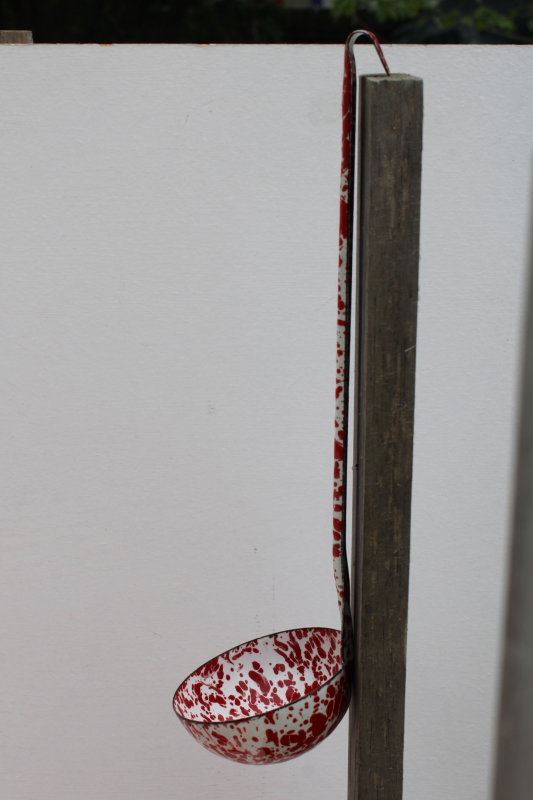 photo of vintage red & white splatterware enamel soup ladle or dipper, new old stock never used  #5