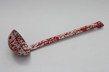 catalog photo of vintage red & white splatterware enamel soup ladle or dipper, new old stock never used 