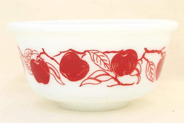 photo of vintage red apples milk glass mixing bowl, Hazel Atlas kitchenware glassware  #2