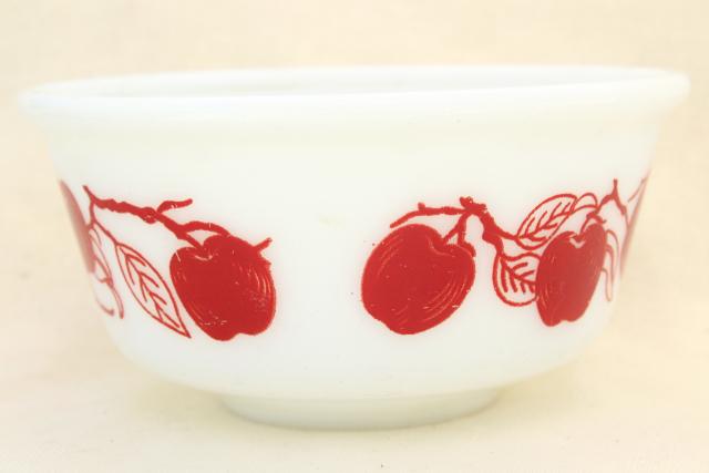 photo of vintage red apples milk glass mixing bowl, Hazel Atlas kitchenware glassware  #3