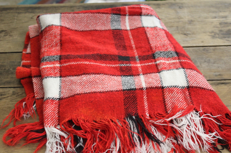 photo of vintage red, black, white plaid throw, camp or stadium blanket or shawl #1