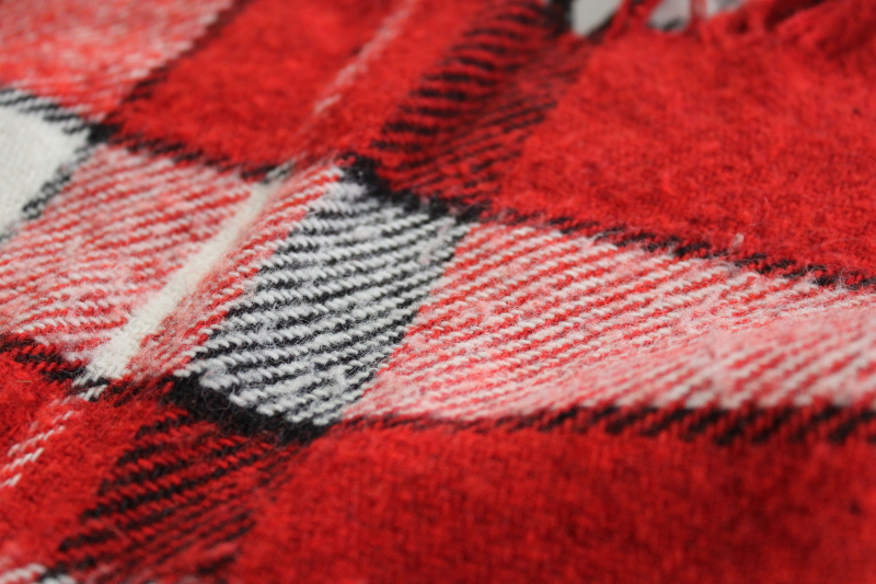 photo of vintage red, black, white plaid throw, camp or stadium blanket or shawl #4
