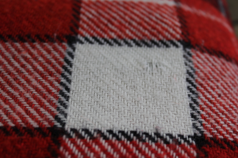 photo of vintage red, black, white plaid throw, camp or stadium blanket or shawl #7