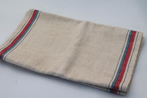 photo of vintage red & blue band linen towel fabric, crisp smooth pure linen fabric for kitchen towels #3