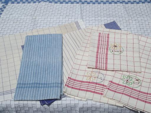 photo of vintage red & blue cotton kitchen tea towels, embroidered dishtowels lot #1