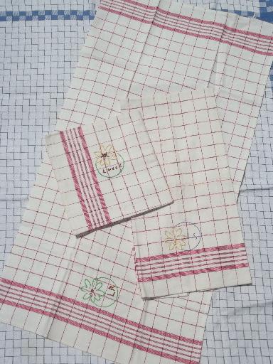 photo of vintage red & blue cotton kitchen tea towels, embroidered dishtowels lot #3