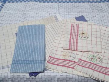 catalog photo of vintage red & blue cotton kitchen tea towels, embroidered dishtowels lot