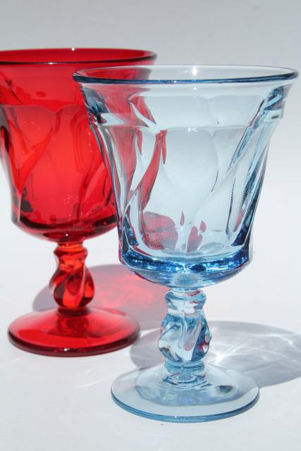 photo of vintage red & blue glass water goblets or wine glasses, Fostoria Jamestown colored glass #2