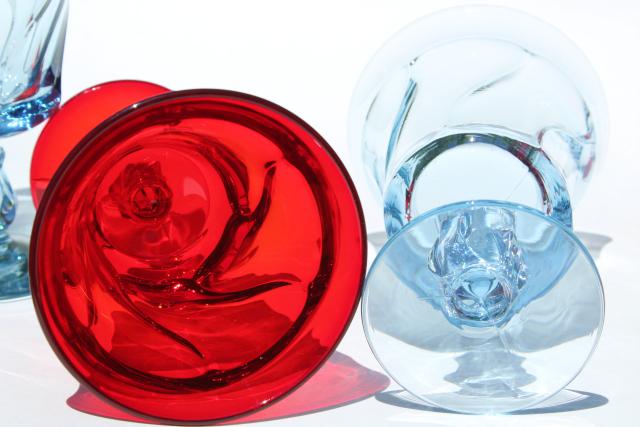 photo of vintage red & blue glass water goblets or wine glasses, Fostoria Jamestown colored glass #4