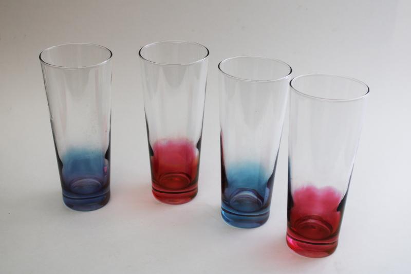 photo of vintage red & blue shaded color clear drinking glasses, tall cooler zombie glasses #1