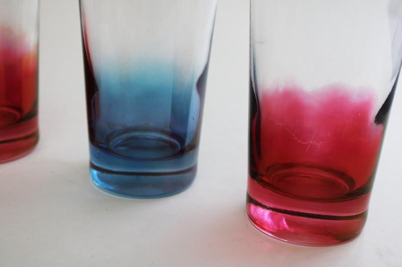 photo of vintage red & blue shaded color clear drinking glasses, tall cooler zombie glasses #2