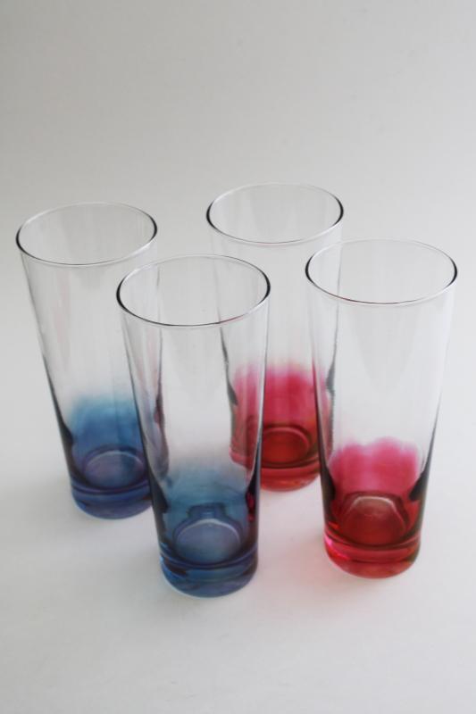 photo of vintage red & blue shaded color clear drinking glasses, tall cooler zombie glasses #3