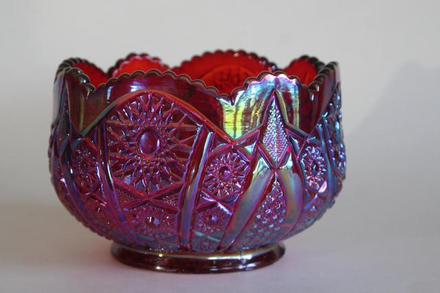 photo of vintage red carnival glass rose bowl, Indiana glass sunset heirloom pattern #1