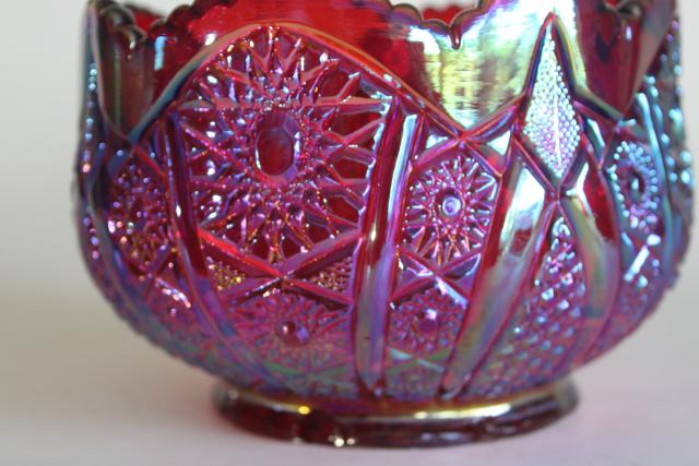 photo of vintage red carnival glass rose bowl, Indiana glass sunset heirloom pattern #5