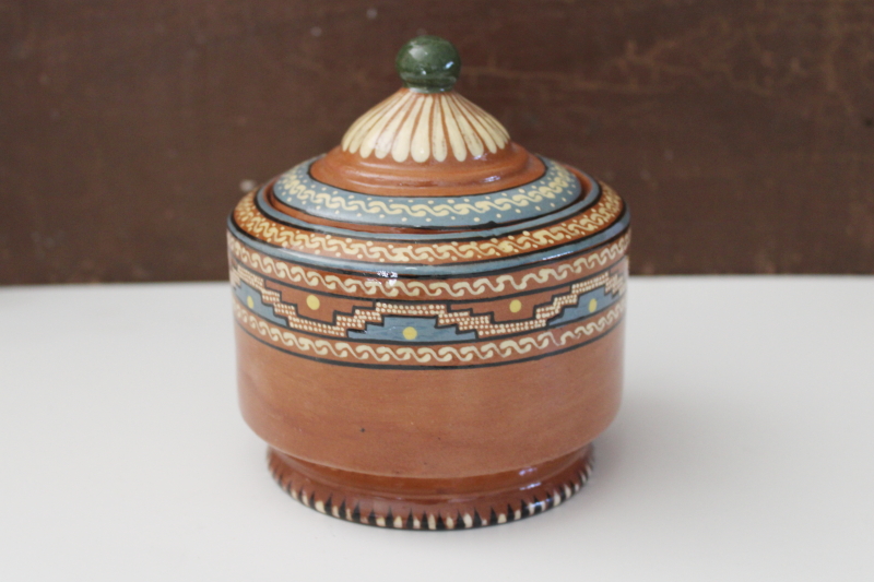 photo of vintage red clay Mexican pottery, Aztec style hand painted small pot w/ lid  #1