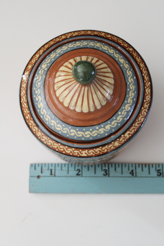 photo of vintage red clay Mexican pottery, Aztec style hand painted small pot w/ lid  #2