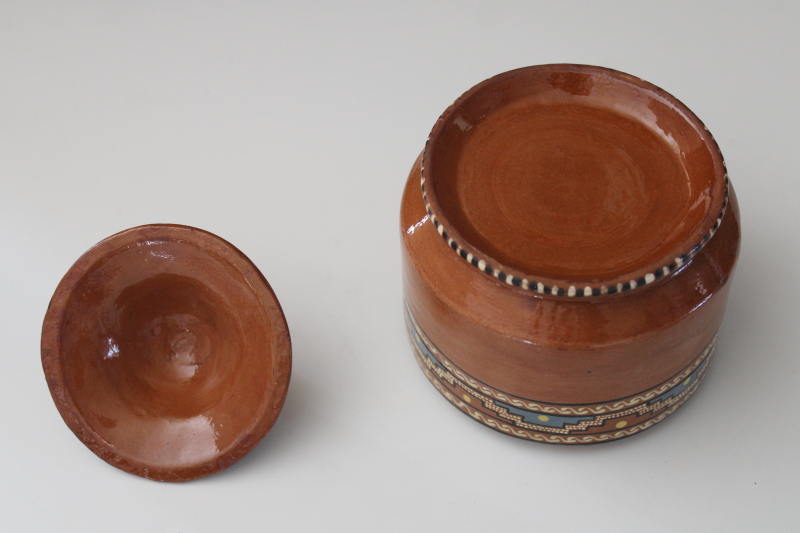 photo of vintage red clay Mexican pottery, Aztec style hand painted small pot w/ lid  #4