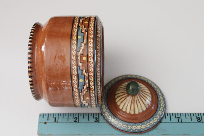 photo of vintage red clay Mexican pottery, Aztec style hand painted small pot w/ lid  #5