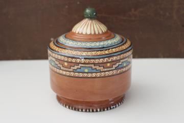 catalog photo of vintage red clay Mexican pottery, Aztec style hand painted small pot w/ lid 